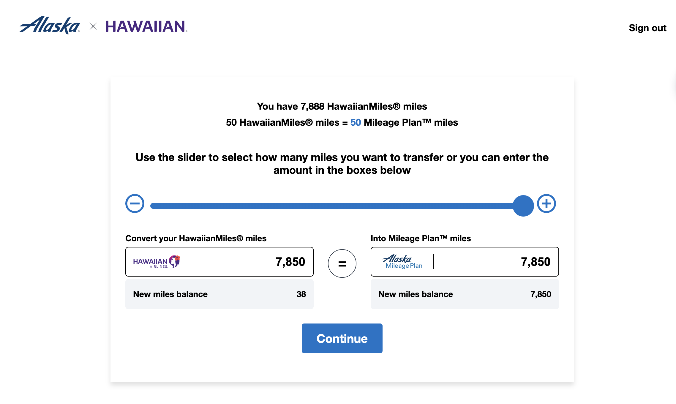 Alaska and Hawaiian Airlines miles transfer slider